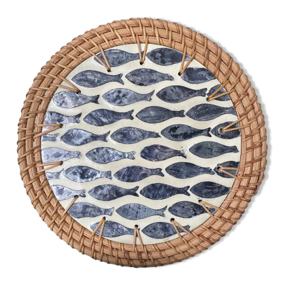 Dessous de plat artisanal en rotin et nacre décor poissons – Thaïlande