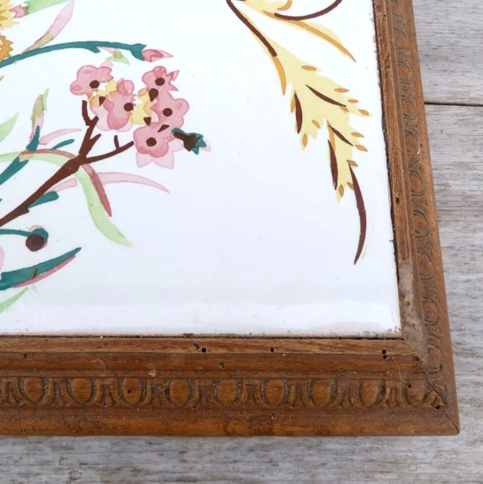 Dessous de plat 1900 carreau de faience et entourage bois