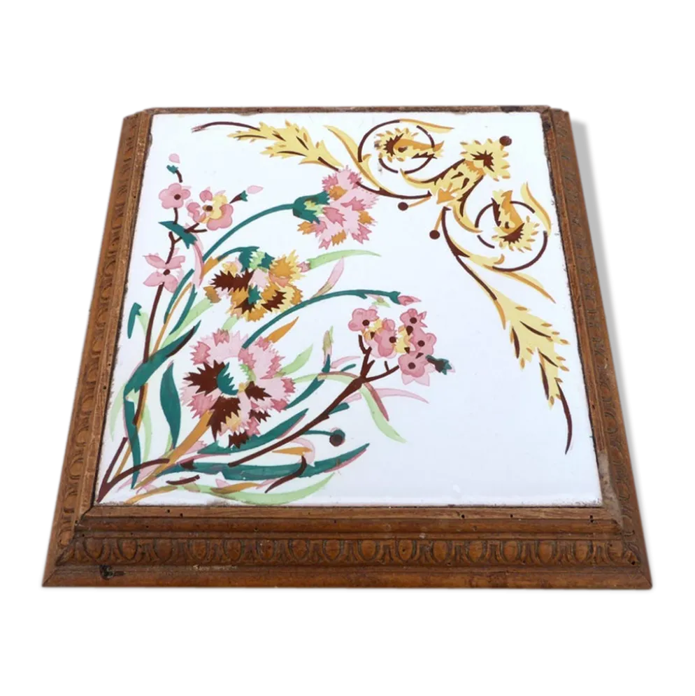 Dessous de plat 1900 carreau de faience et entourage bois