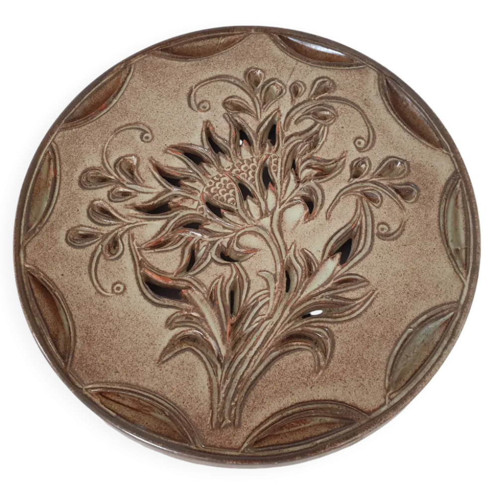 Dessous de plat en céramique motif floral signé Fonck et Matéo (Vallauris)