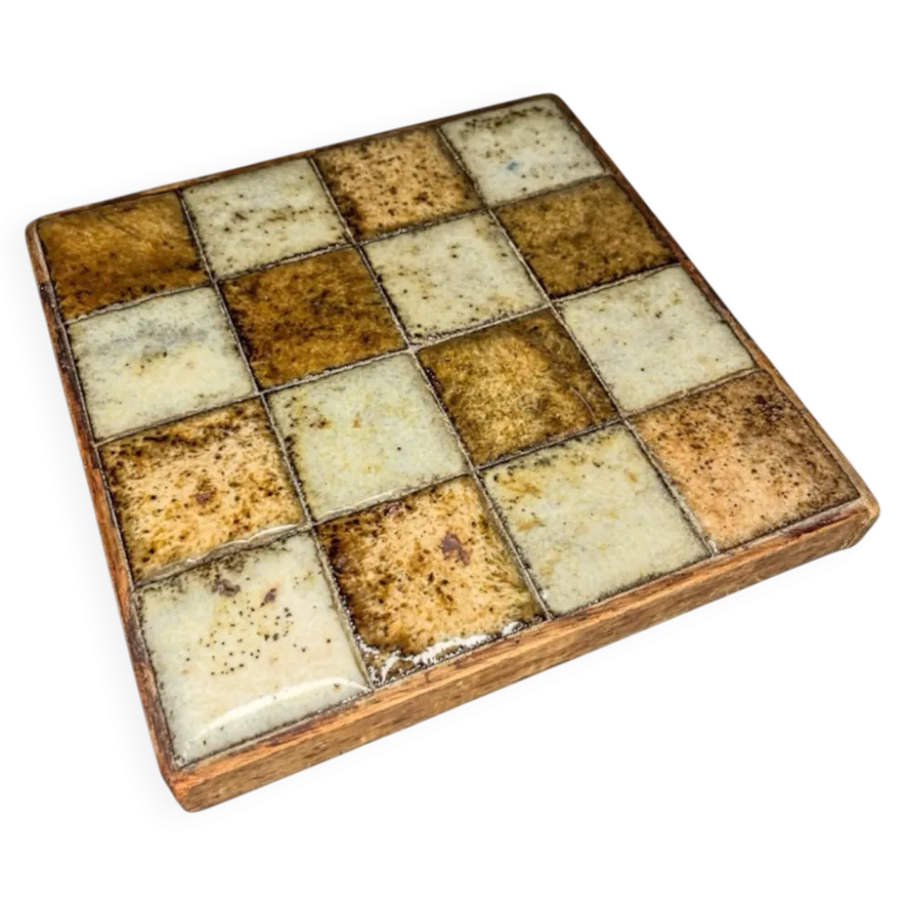 Dessous de plat en grès émaillé et bois style brutaliste, années 70