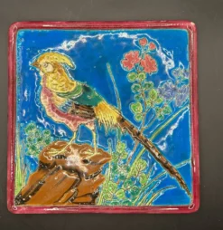 Dessous de plat en émaux cloisonnés de Longwy - décor faisan