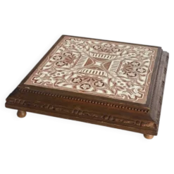 Dessous de plat vintage en bois et faïence ancienne Carreau brun cuisi