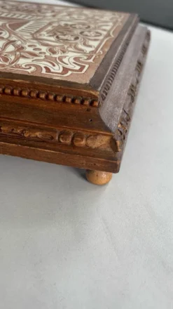 Dessous de plat vintage en bois et faïence ancienne Carreau brun cuisi