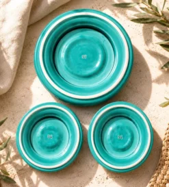 3 dessous-de-plat vintage en céramique turquoise à décor de poissons