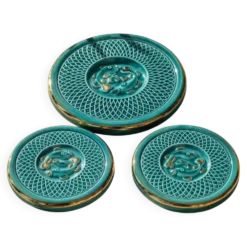 3 dessous-de-plat vintage en céramique turquoise à décor de poissons