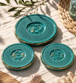 3 dessous-de-plat vintage en céramique turquoise à décor de poissons