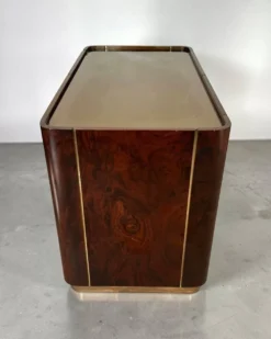 Dry Bar en loupe de noyer et laiton à plateau miroir, Italie 1970