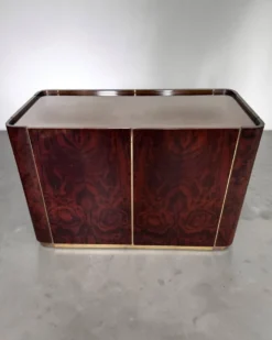 Dry Bar en loupe de noyer et laiton à plateau miroir, Italie 1970