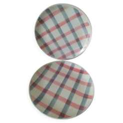 Duo assiettes dessert Moulin des Loups décor nappe rose grise