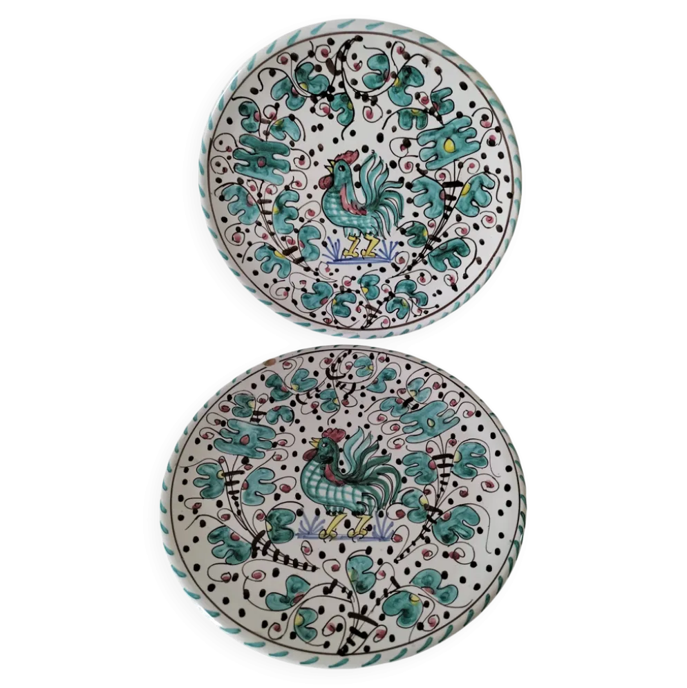Duo d’assiettes Deruta Etrusca coq vert majolique italienne