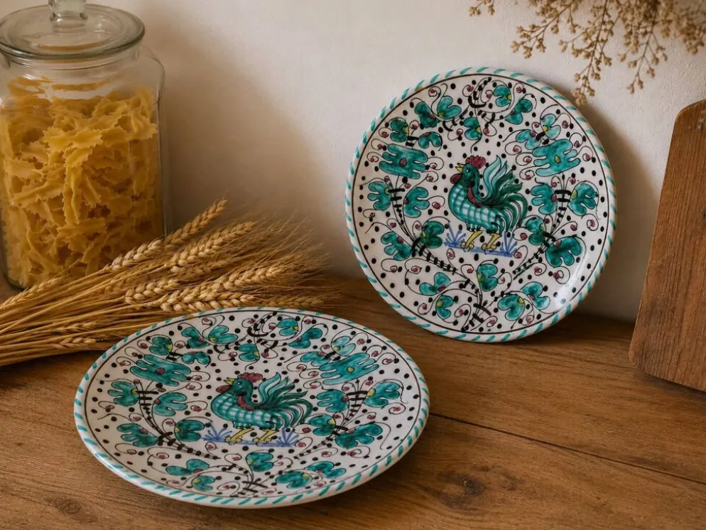 Duo d’assiettes Deruta Etrusca coq vert majolique italienne
