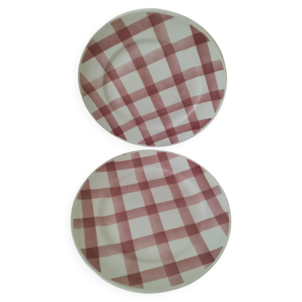 Duo d’assiettes à dessert Moulin des Loups modèle Nappe rose – années 1950