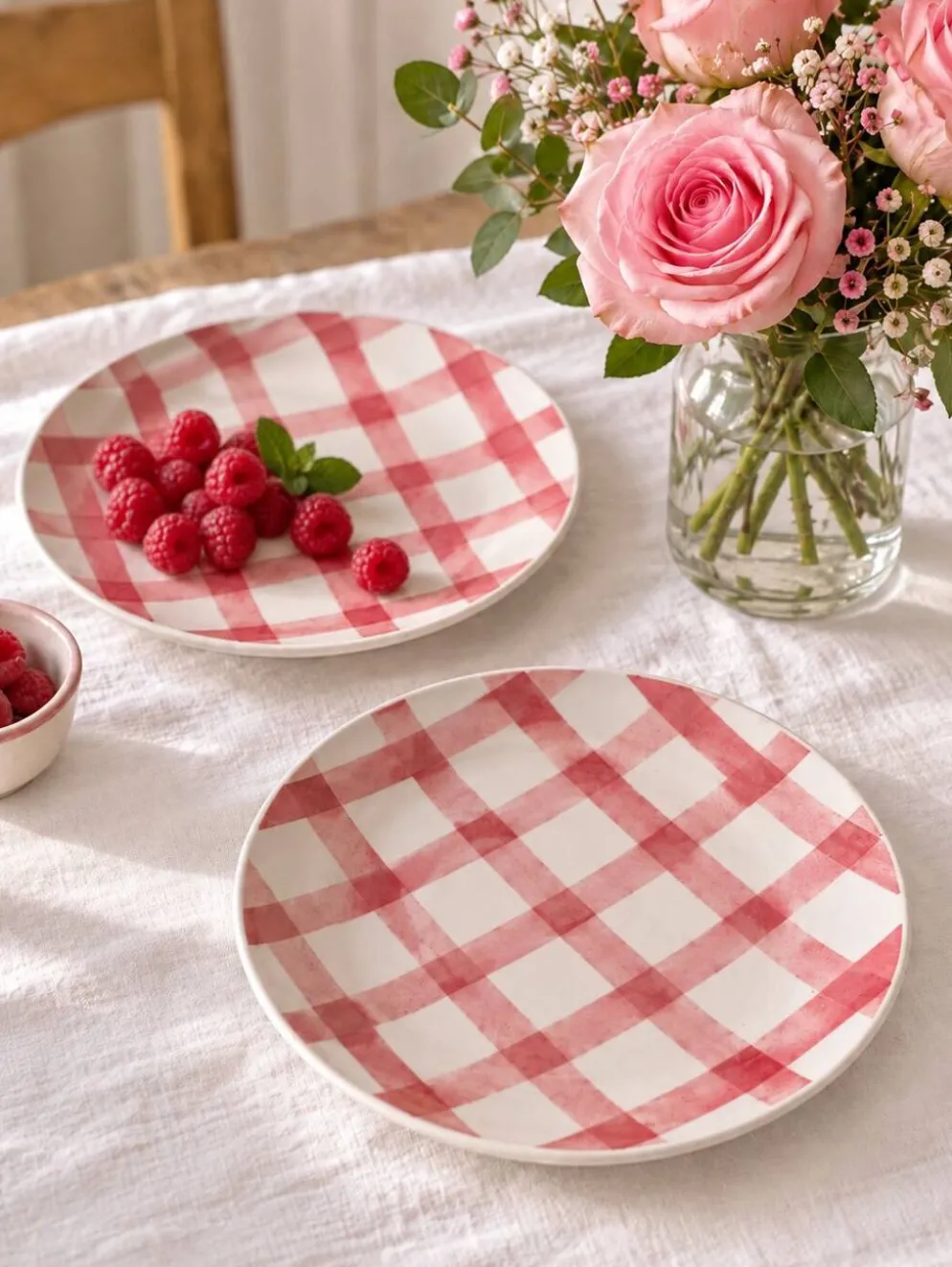 Duo d’assiettes à dessert Moulin des Loups modèle Nappe rose – années 1950