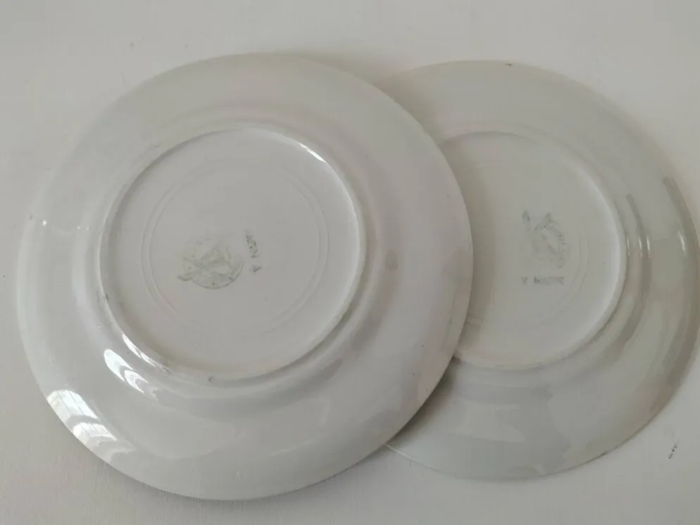 Duo d’assiettes à dessert Moulin des Loups modèle Nappe rose – années 1950