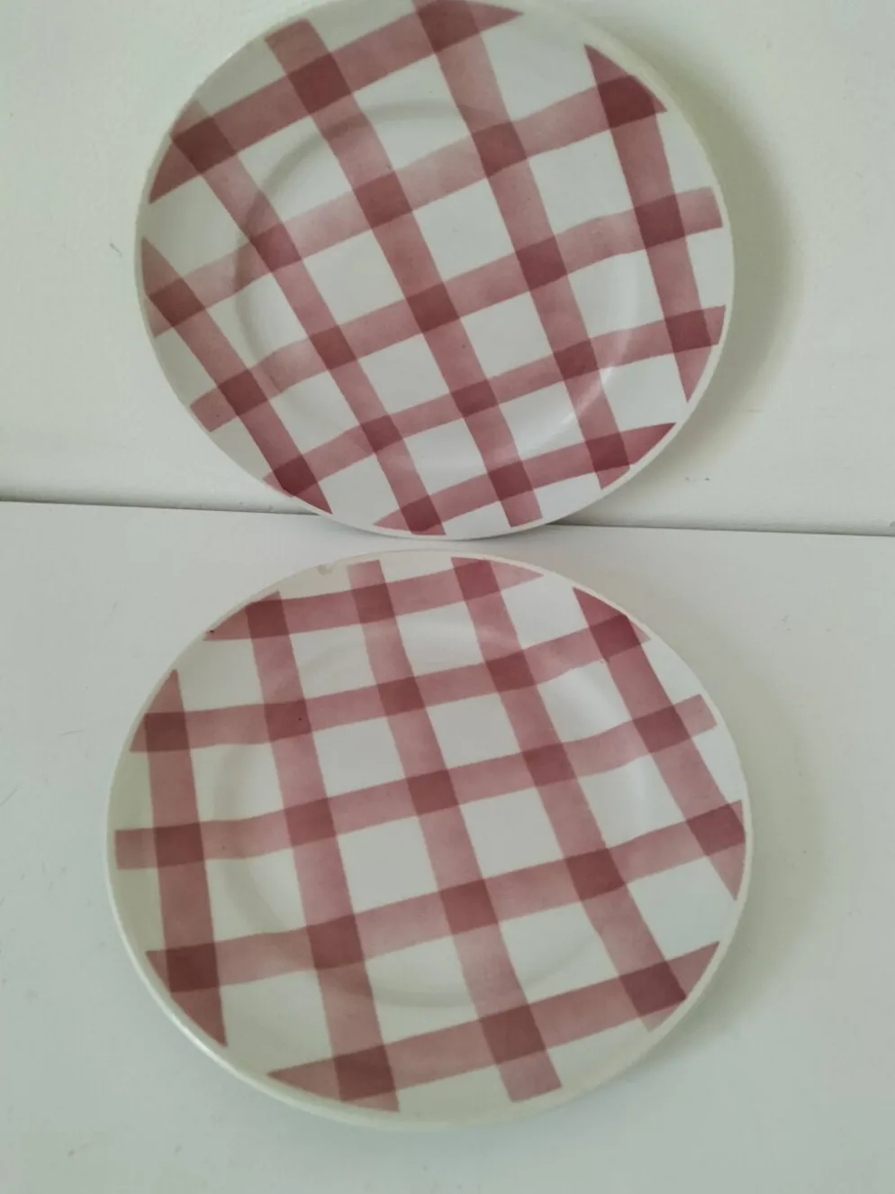 Duo d’assiettes à dessert Moulin des Loups modèle Nappe rose – années 1950