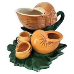 Duo de barbotines escargot et leurs coupelles feuillage – années 1950-1960
