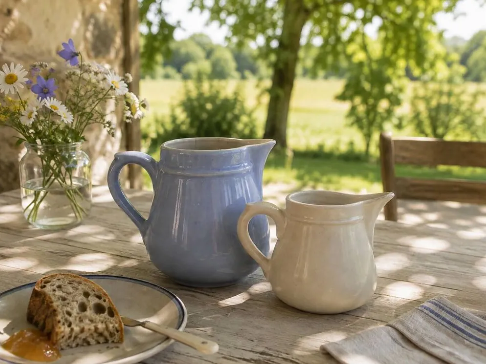 Duo de pots à lait en céramique pastel – Bleu lavande & crème vintage