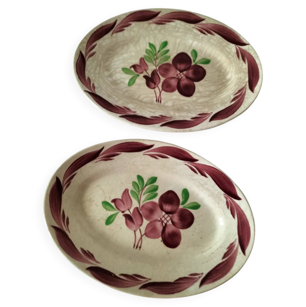Duo de raviers Gien modèle Barbizon, décor floral peint main, années 30-40