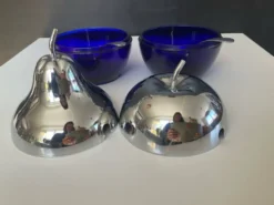 Duo de sucriers vintage en verre cobalt et métal argenté