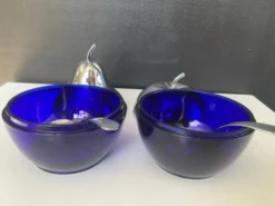 Duo de sucriers vintage en verre cobalt et métal argenté