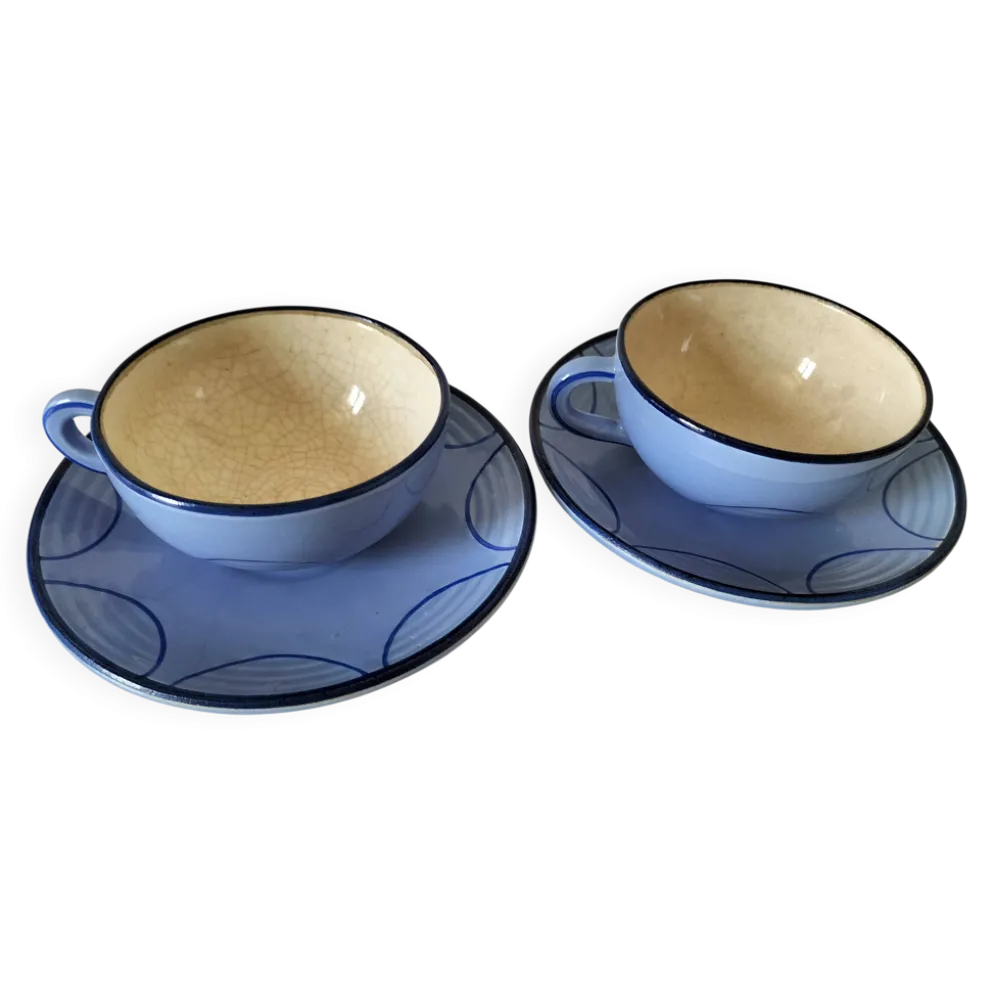Duo de tasses et sous-tasses en céramique émaillée années 60-70