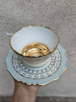 Duo de tasses à thé et soucoupes Limoges Lucien Michelaud - Porcelaine vert