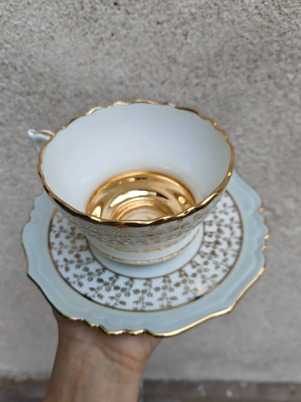 Duo de tasses à thé et soucoupes Limoges Lucien Michelaud - Porcelaine vert