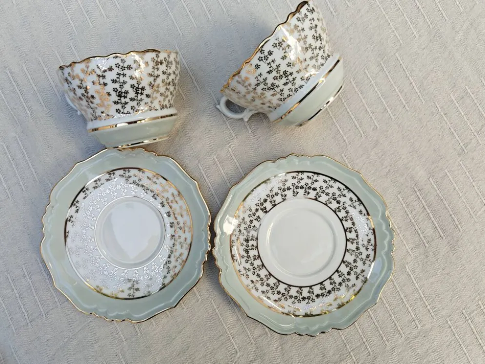 Duo de tasses à thé et soucoupes Limoges Lucien Michelaud - Porcelaine vert