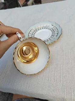 Duo de tasses à thé et soucoupes Limoges Lucien Michelaud - Porcelaine vert