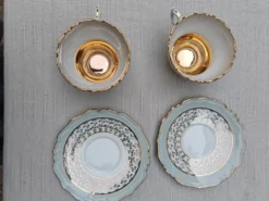 Duo de tasses à thé et soucoupes Limoges Lucien Michelaud - Porcelaine vert