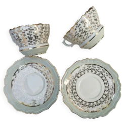 Duo de tasses à thé et soucoupes Limoges Lucien Michelaud - Porcelaine vert