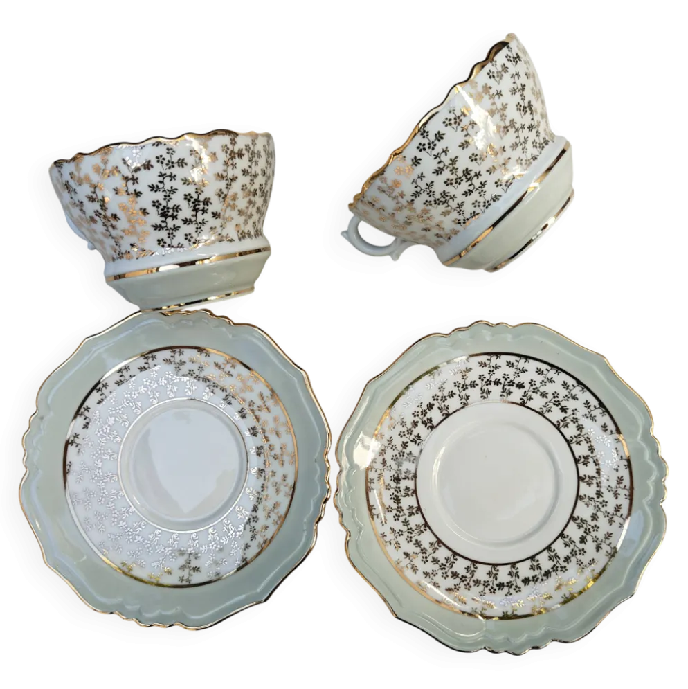 Duo de tasses à thé et soucoupes Limoges Lucien Michelaud - Porcelaine vert