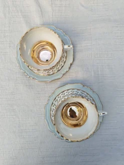 Duo de tasses à thé et soucoupes Limoges Lucien Michelaud - Porcelaine vert