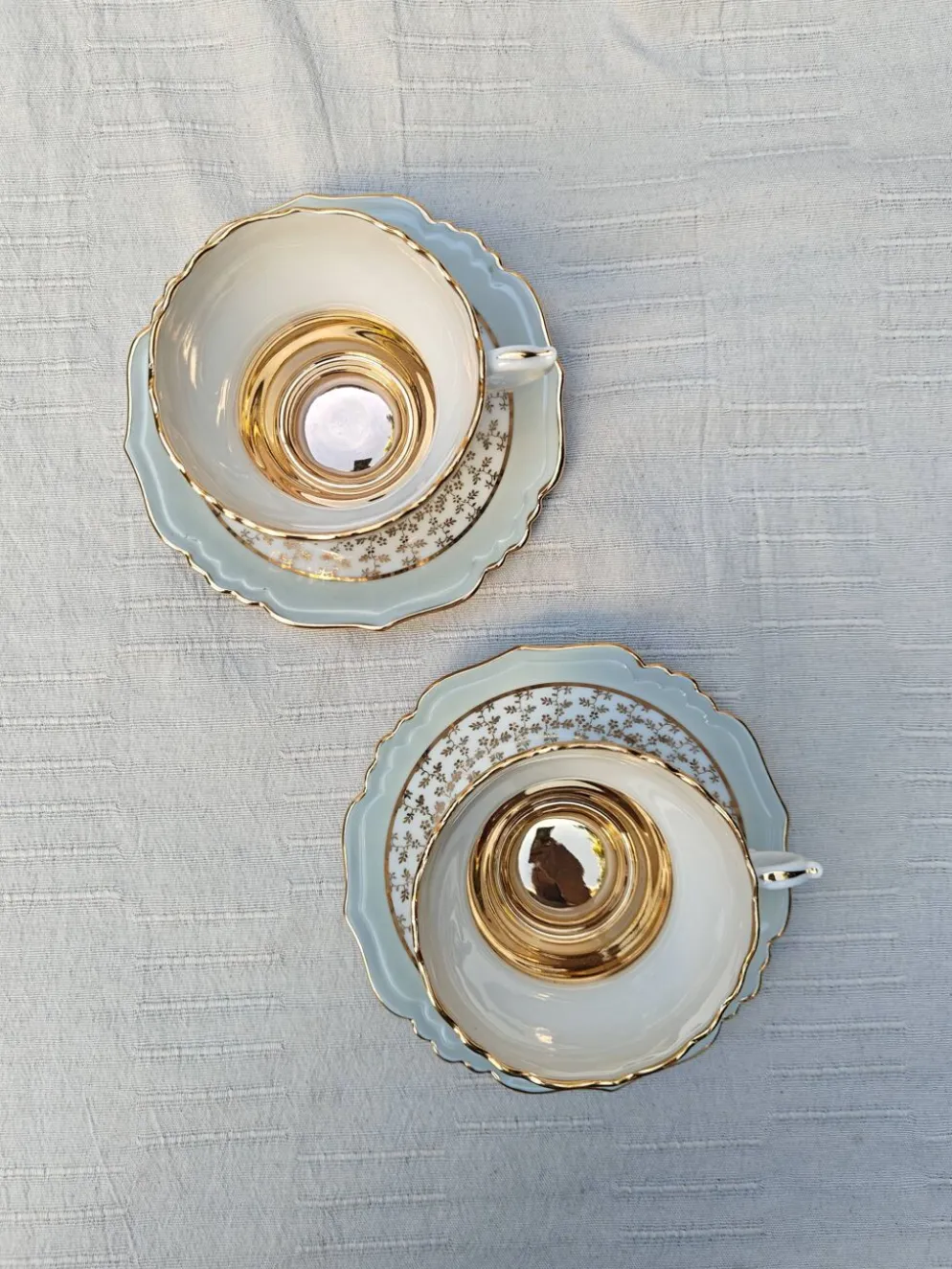 Duo de tasses à thé et soucoupes Limoges Lucien Michelaud - Porcelaine vert