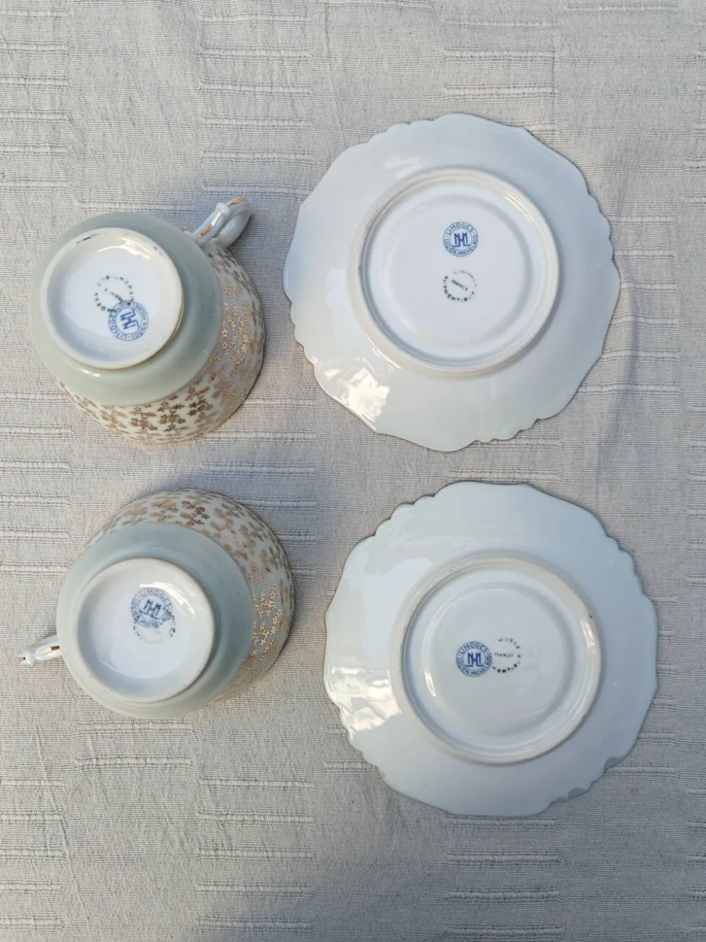 Duo de tasses à thé et soucoupes Limoges Lucien Michelaud - Porcelaine vert