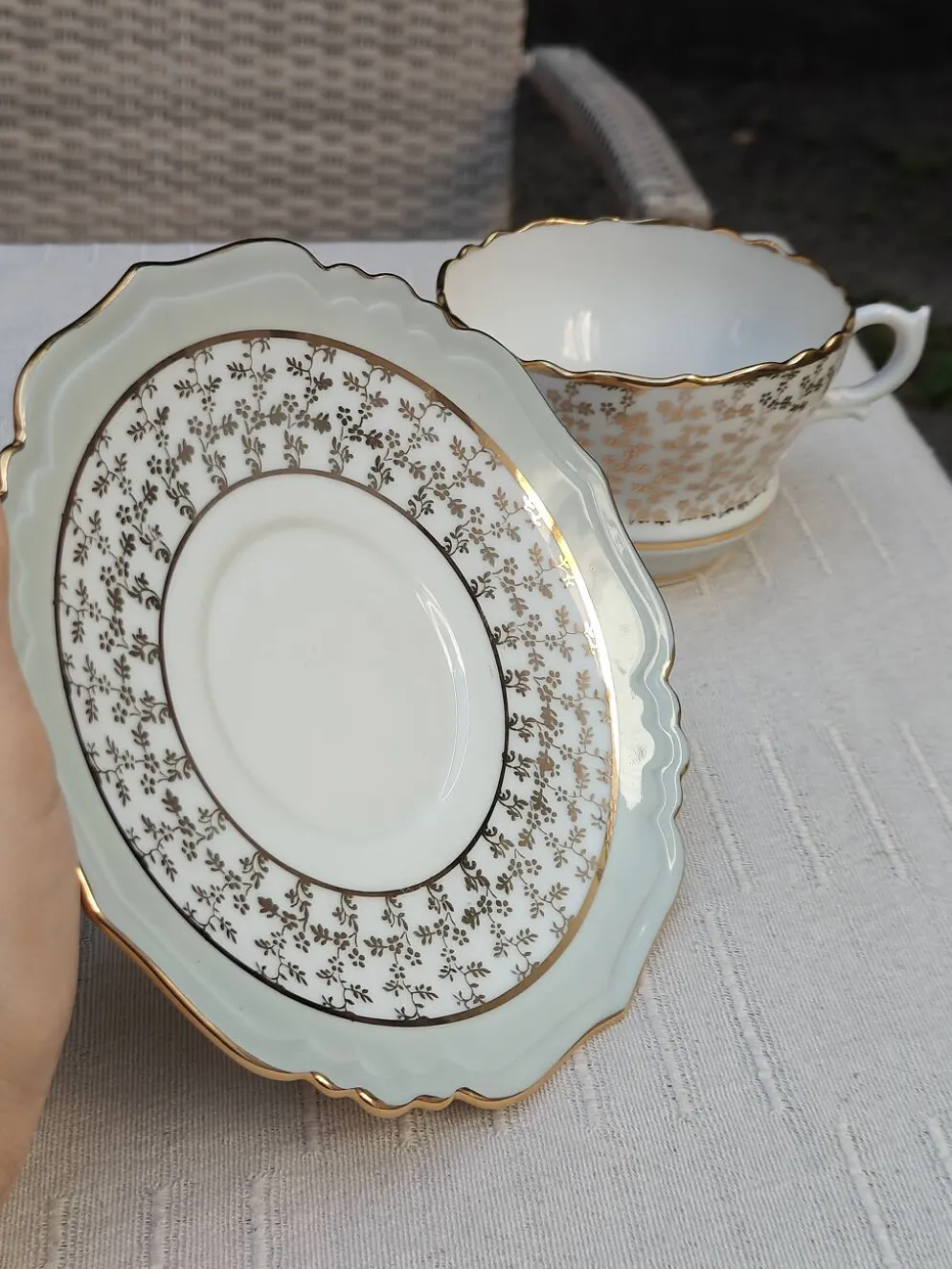 Duo de tasses à thé et soucoupes Limoges Lucien Michelaud - Porcelaine vert