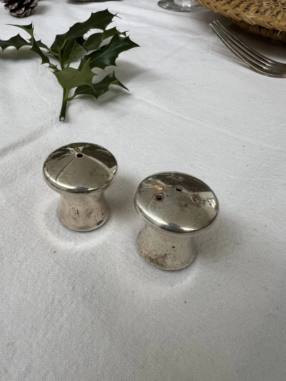 Duo salière et poivrier en forme de champignon en métal argenté