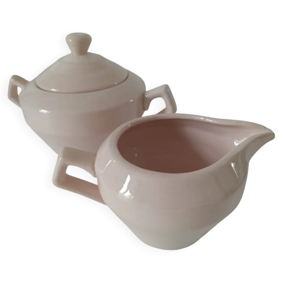 Duo sucrier et pot à lait Art Déco Céranord Saint-Amand rose pâle