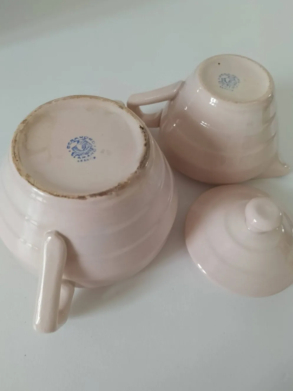 Duo sucrier et pot à lait Art Déco Céranord Saint-Amand rose pâle