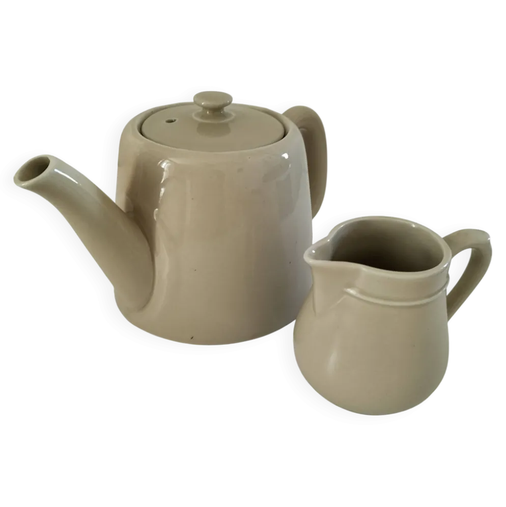 Duo théière et pot à lait en céramique grège – Style bistrot vintage