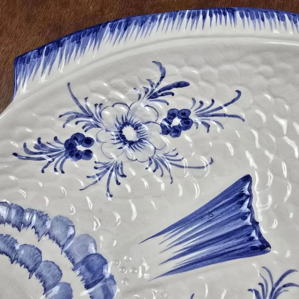 Elégant grand plat poisson vintage Portugal – Céramique bleu cobalt – 45 cm