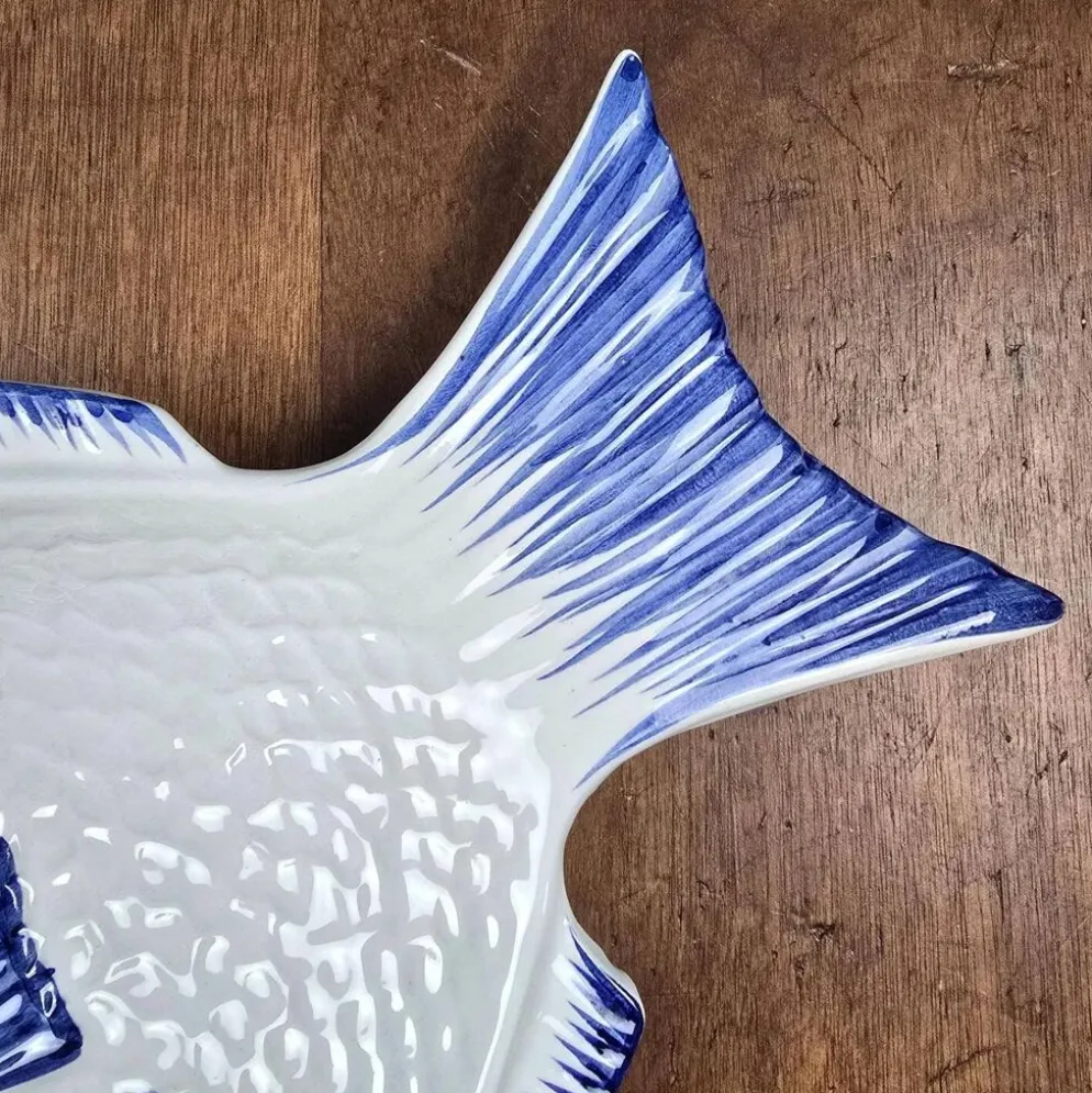 Elégant grand plat poisson vintage Portugal – Céramique bleu cobalt – 45 cm