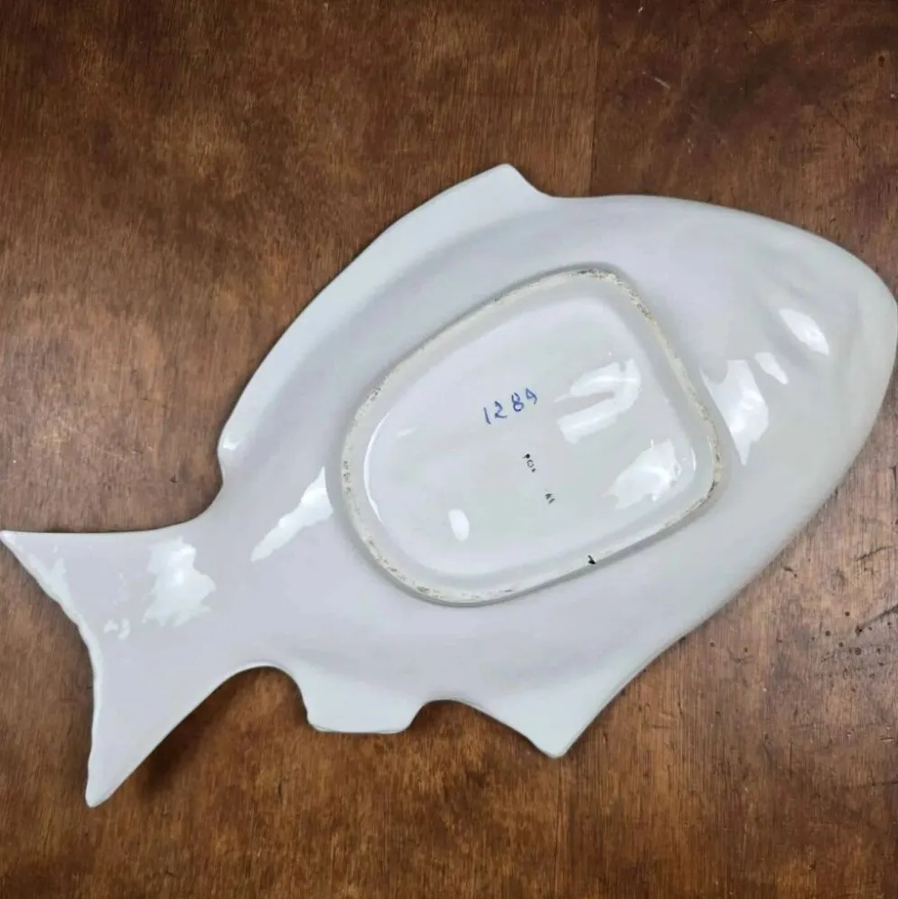 Elégant grand plat poisson vintage Portugal – Céramique bleu cobalt – 45 cm