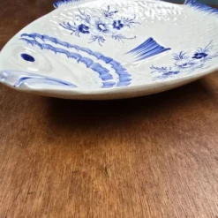 Elégant grand plat poisson vintage Portugal – Céramique bleu cobalt – 45 cm