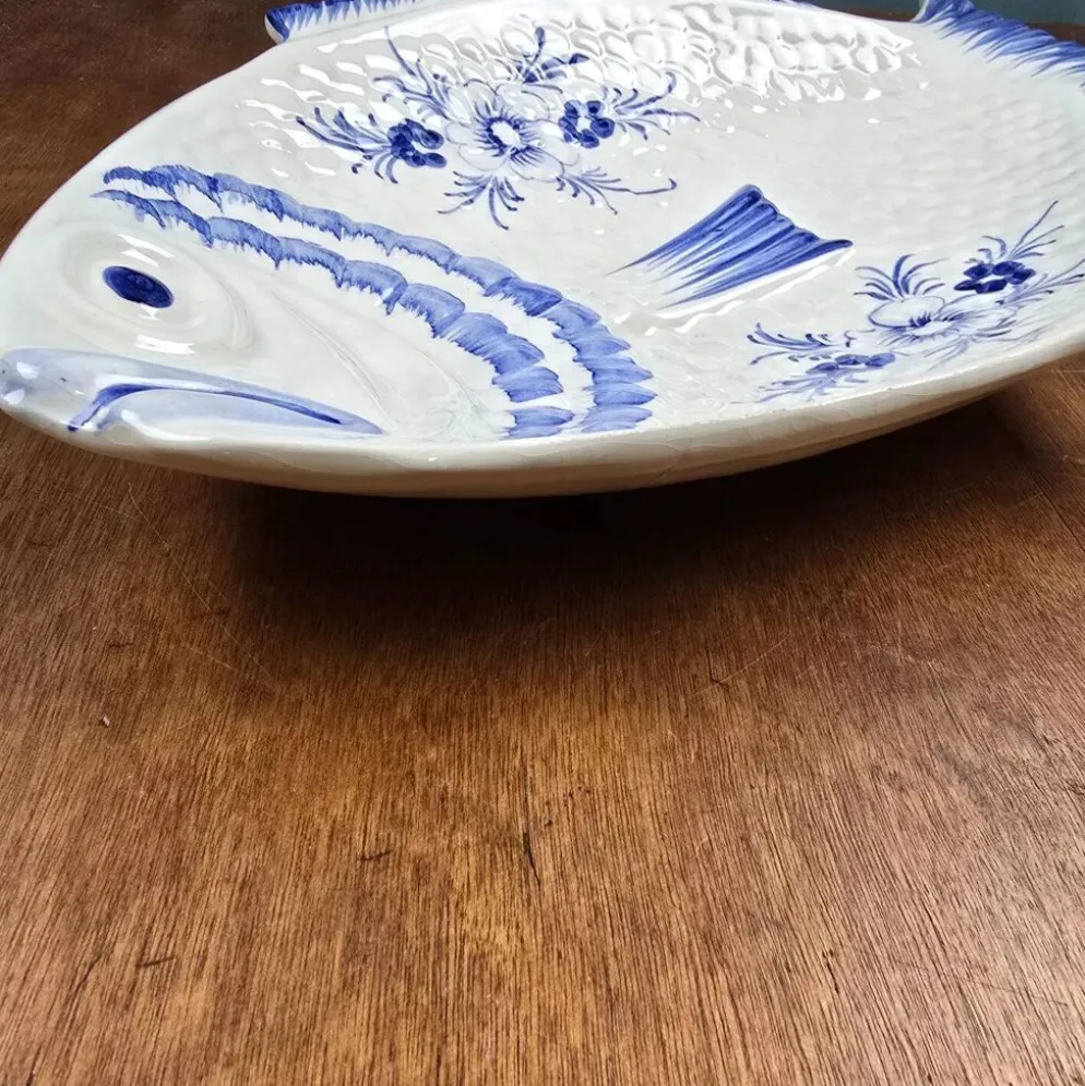 Elégant grand plat poisson vintage Portugal – Céramique bleu cobalt – 45 cm