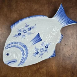 Elégant grand plat poisson vintage Portugal – Céramique bleu cobalt – 45 cm