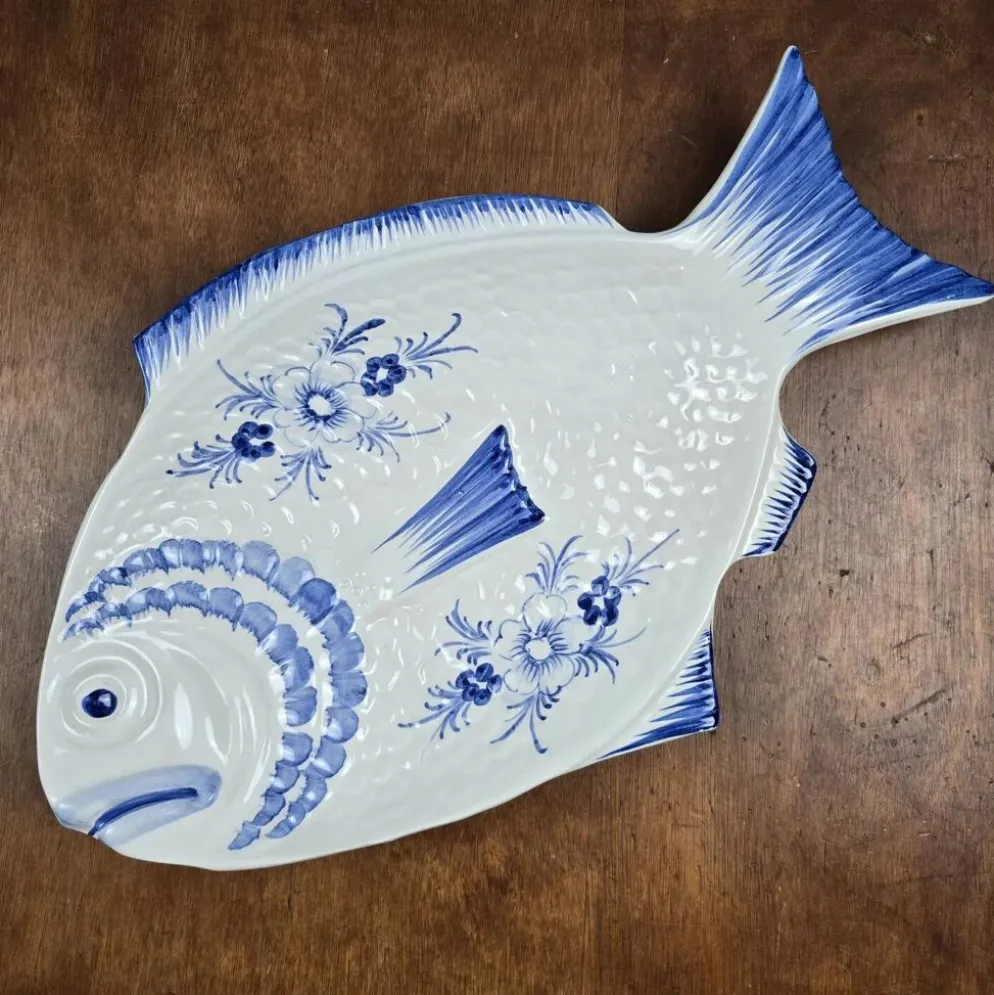 Elégant grand plat poisson vintage Portugal – Céramique bleu cobalt – 45 cm