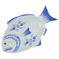 Elégant grand plat poisson vintage Portugal – Céramique bleu cobalt – 45 cm