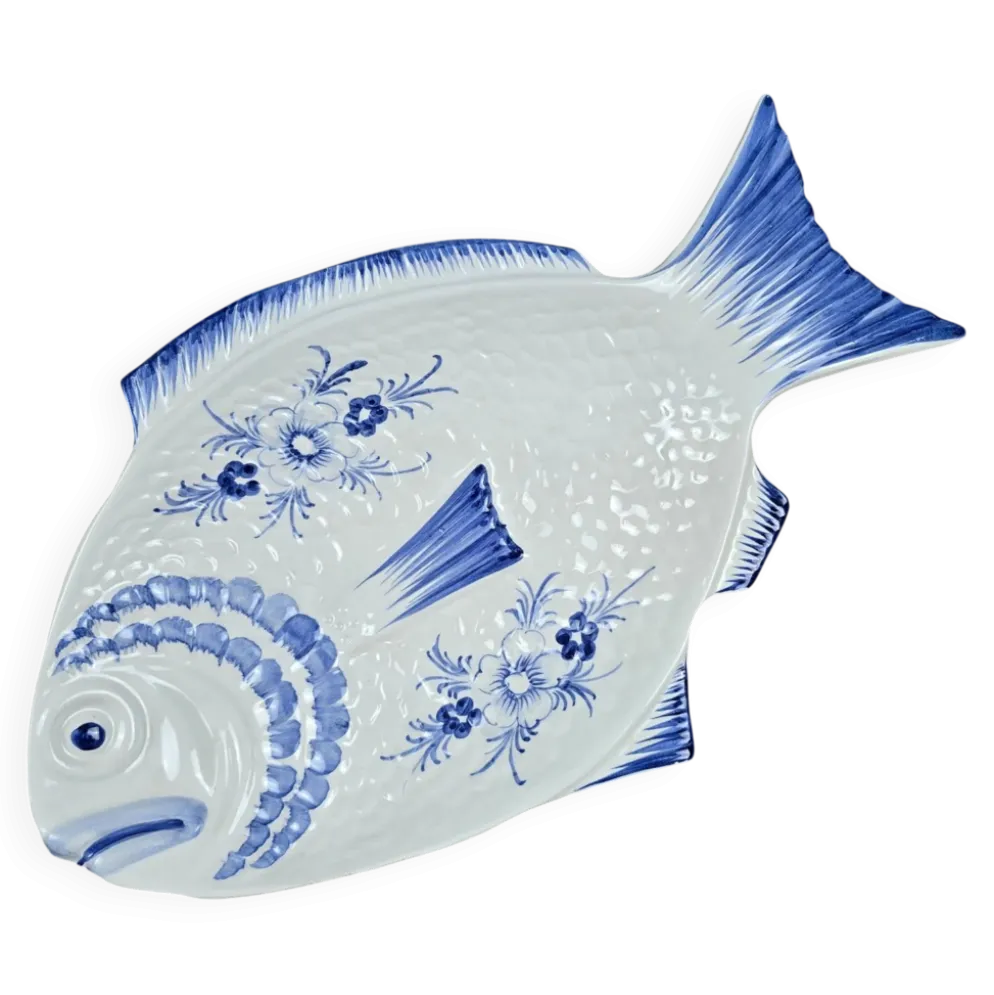 Elégant grand plat poisson vintage Portugal – Céramique bleu cobalt – 45 cm
